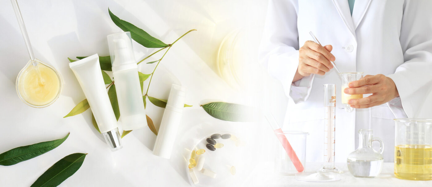 woman in lab coat mixing skin care cosmetic formulas for private label custom body care businesses