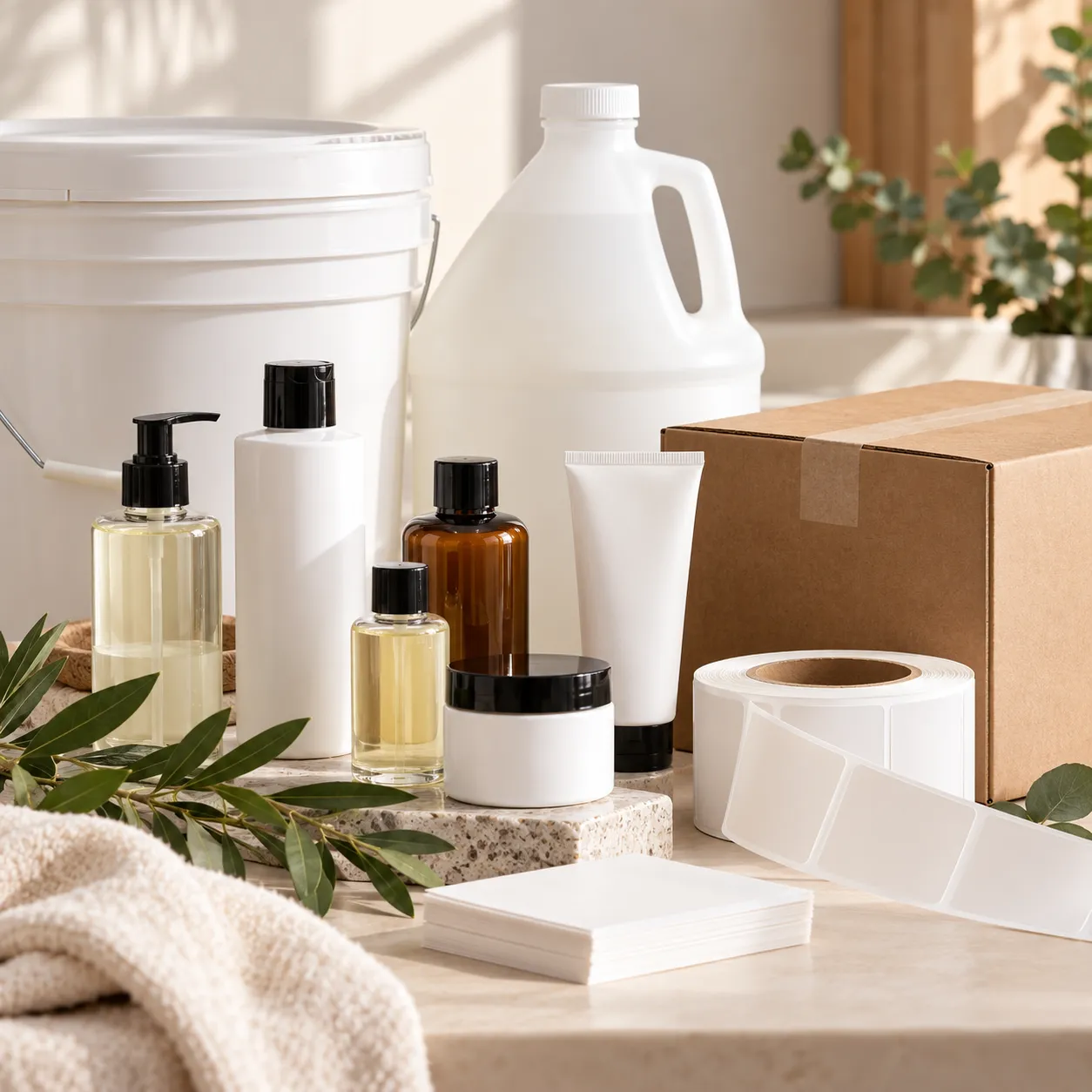 Blank cosmetic packaging, product labels, and shipping materials for building a skincare brand