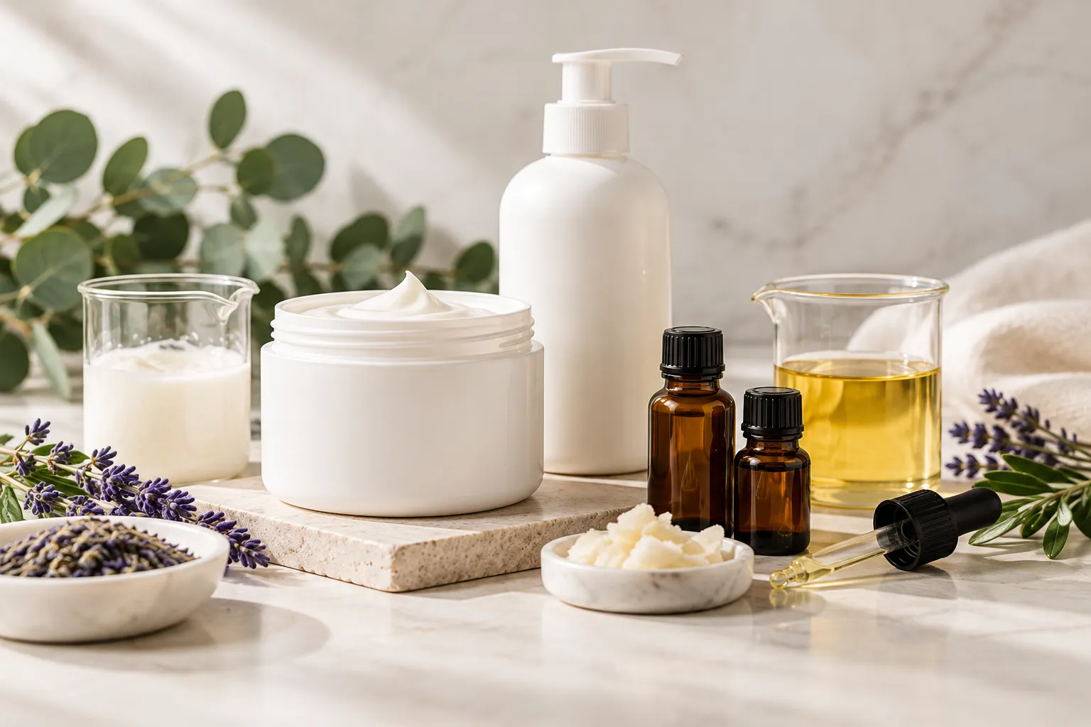 Cosmetic cream, lotion, oils, essential oils, and botanical ingredients arranged for small-batch product making