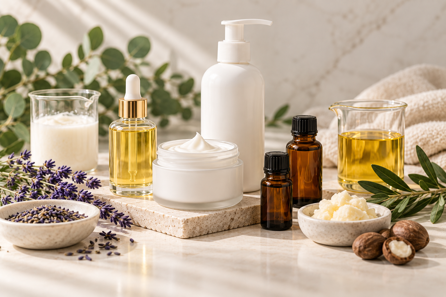 White lotion bottle with apricots and green leaves