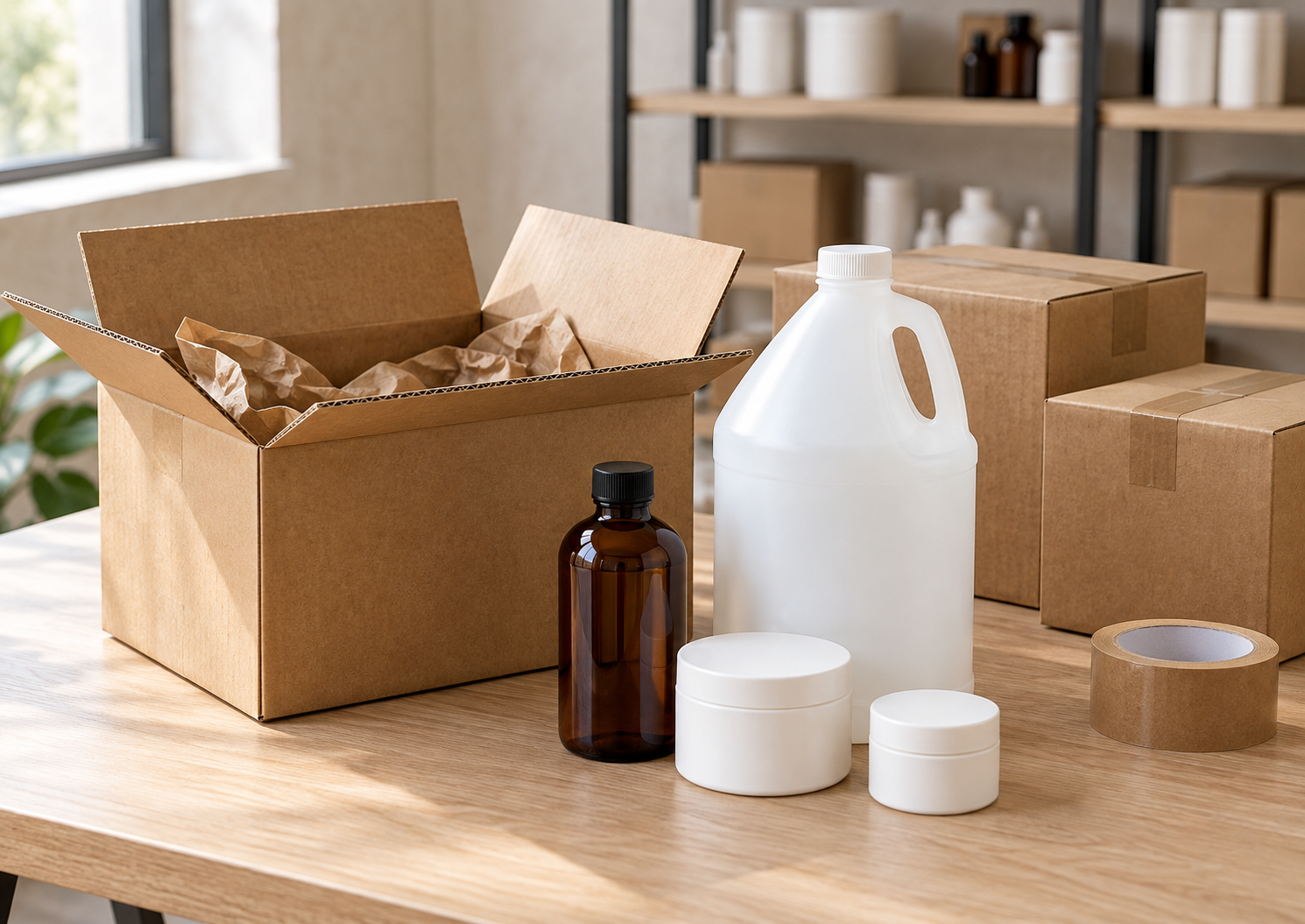 Kraft shipping boxes and closed cosmetic containers on a packing workbench.