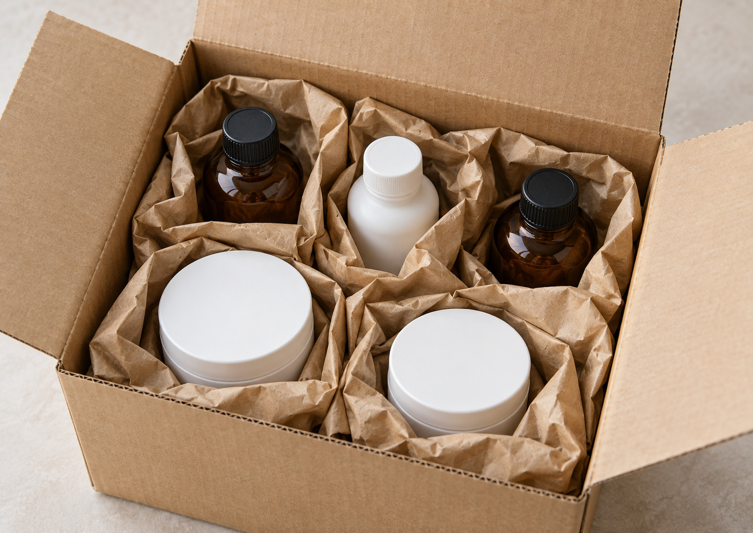 Closed cosmetic containers cushioned with packing paper inside a shipping carton.