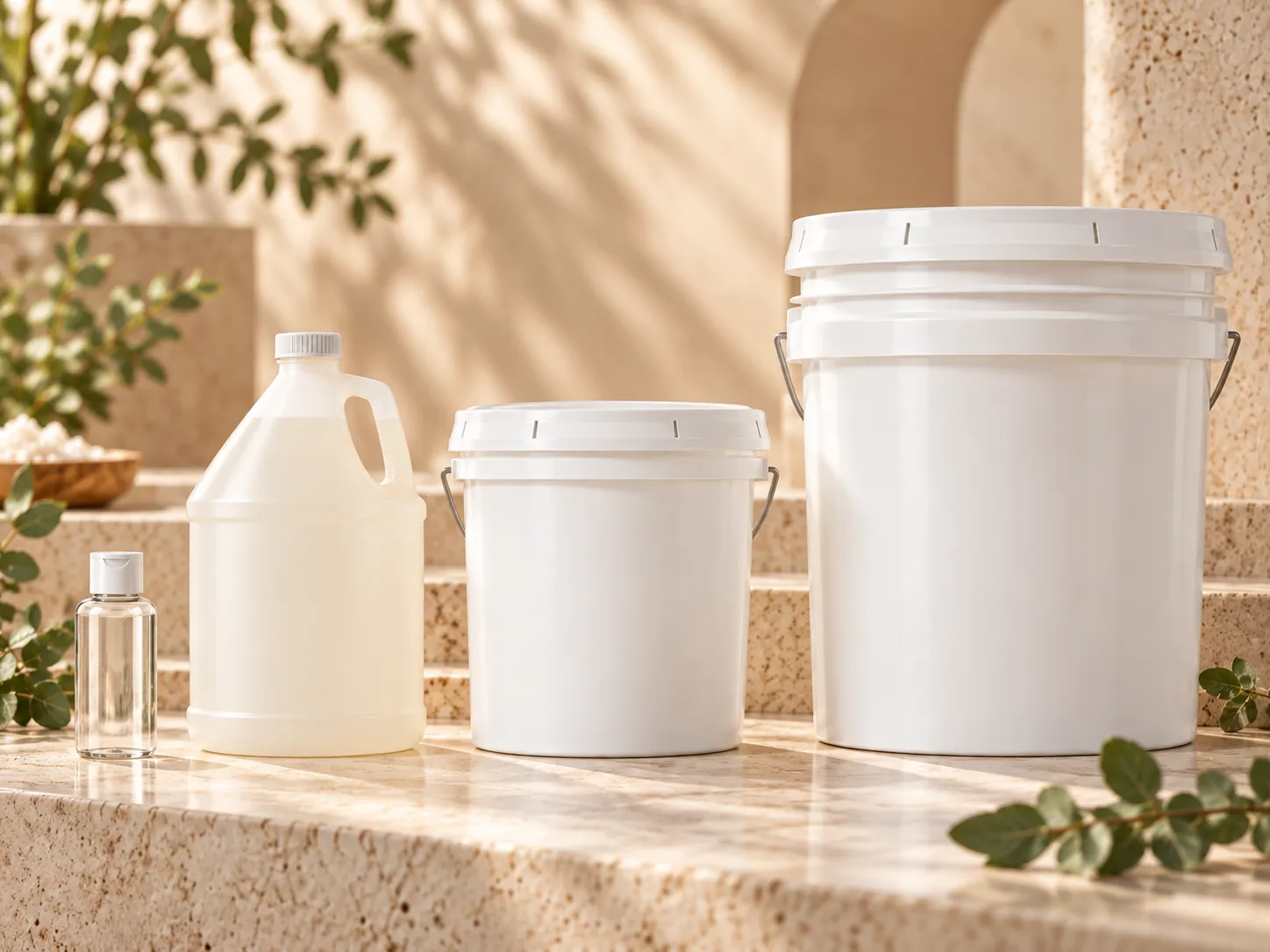 Cosmetic base packaging sizes from a 2 ounce sample to gallon and bulk containers