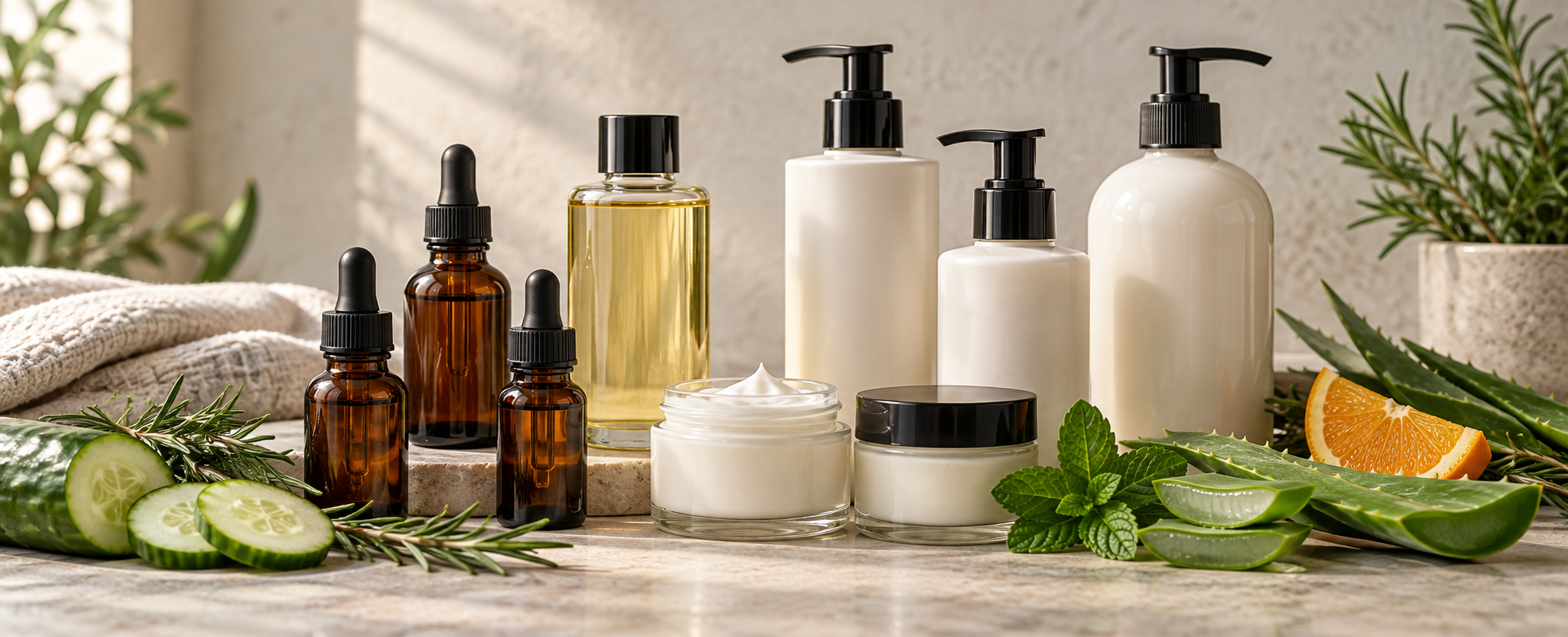 Amber serum bottles, lotion pumps, and cream jars arranged with aloe, rosemary, mint, cucumber, and citrus.