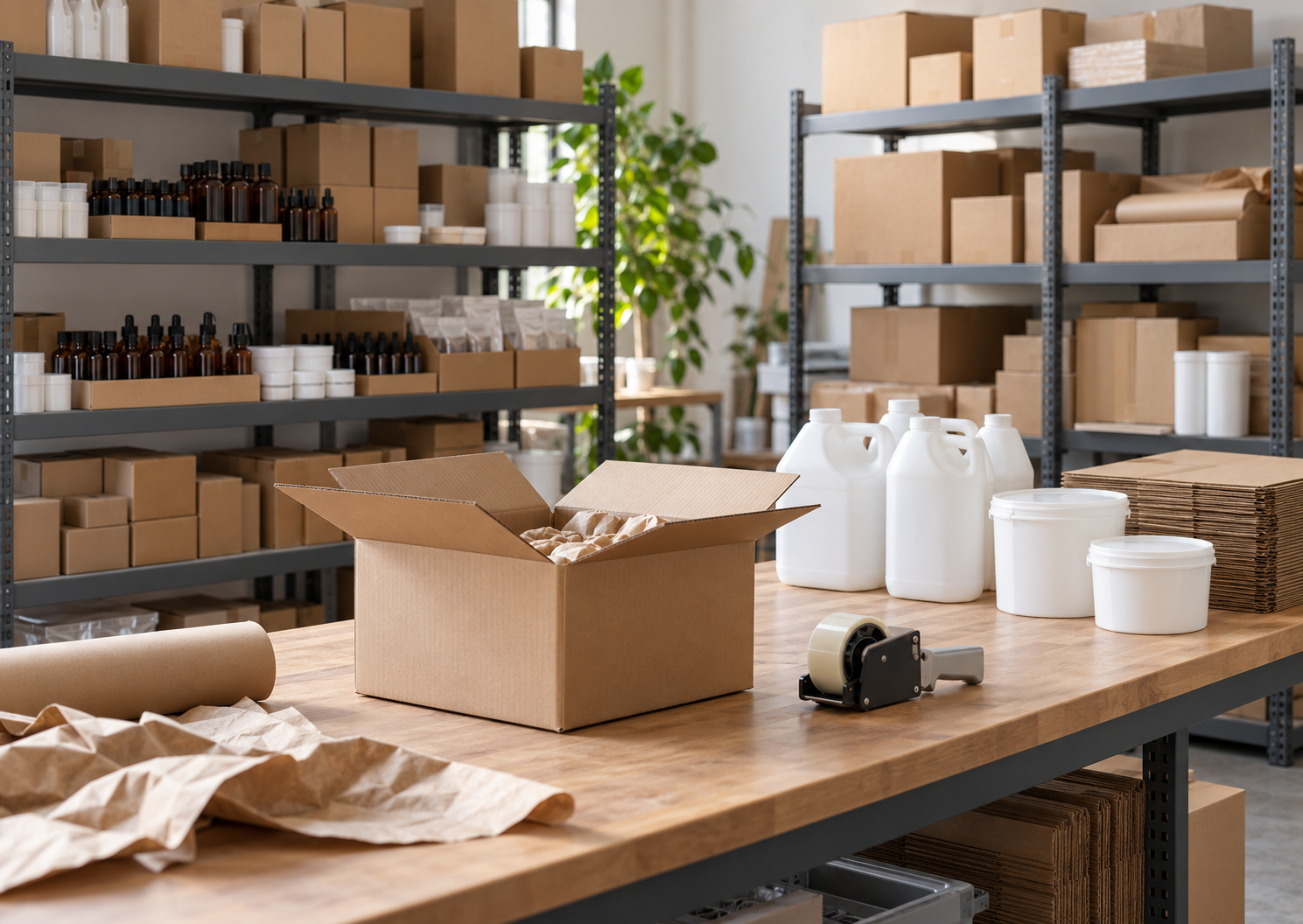 Illustrative fulfillment workspace with plain shipping boxes, cosmetic containers, and organized shelving.