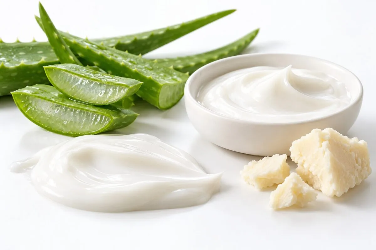 Aloe vera leaves, shea butter and white lotion on a white surface