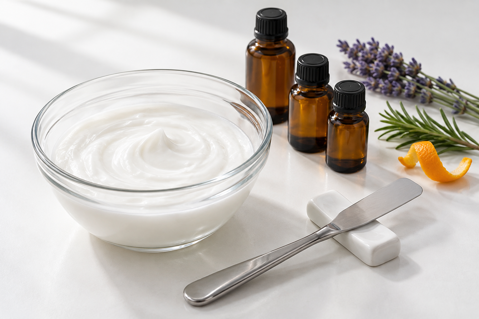 White lotion in a glass bowl beside amber scent bottles, lavender, rosemary and orange peel.
