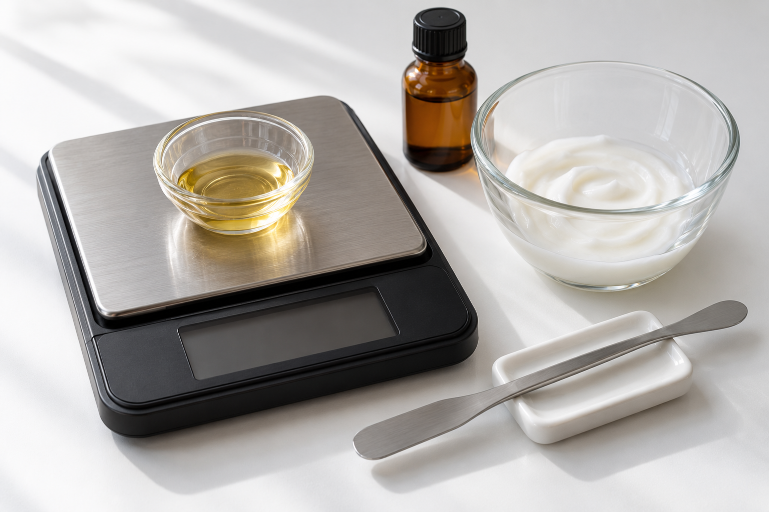 A digital scale with a glass vessel of oil beside a bowl of lotion, an amber bottle and a clean spatula.