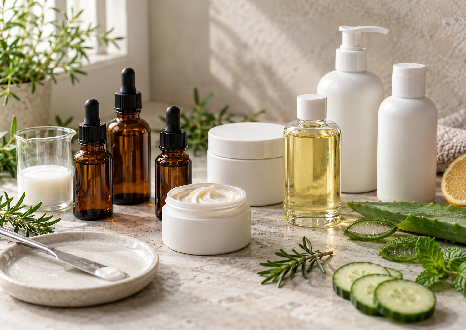 Unlabeled skincare bottles and cream jars with a formulation beaker and fresh botanicals on a workbench.